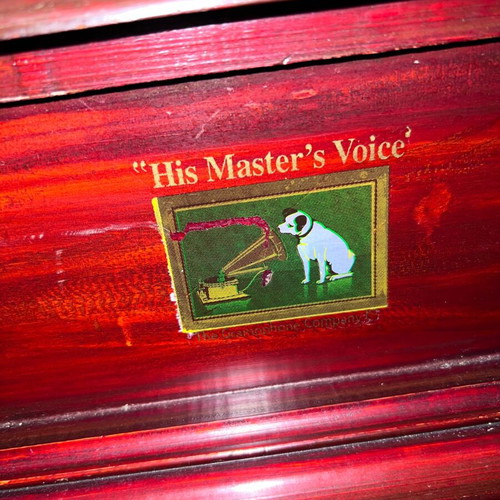 Vintage Gramophone used, His Master's Voice, functional with wooden base