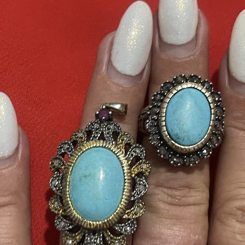 9k gold and 925 silver ring and pendant with diamonds and turquoise, vintage