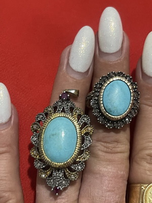 9k gold and 925 silver ring and pendant with diamonds and turquoise, vintage