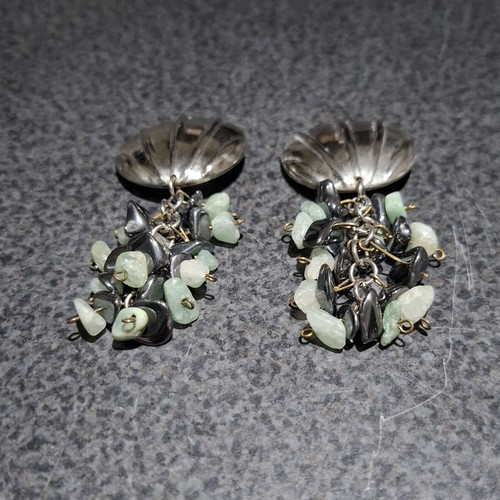 Vintage statement clip-on earrings with shell and semiprecious stones