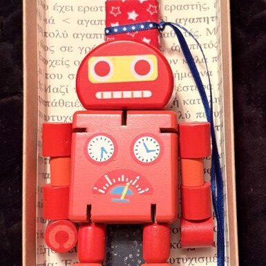Easter candle with wooden robot figure new