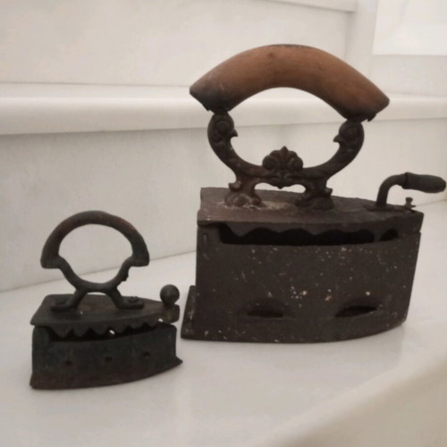 Old charcoal irons used, set of two, cast iron