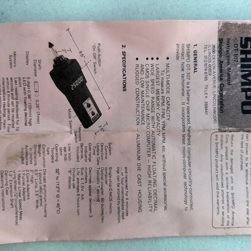 Shimpo DT-107 Tachometer and Tachograph like new, Japanese