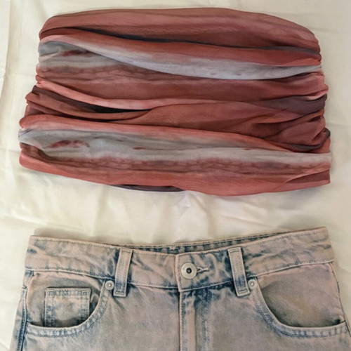 Mesh Strapless Top in Pink and Earth Tones like new, medium/large