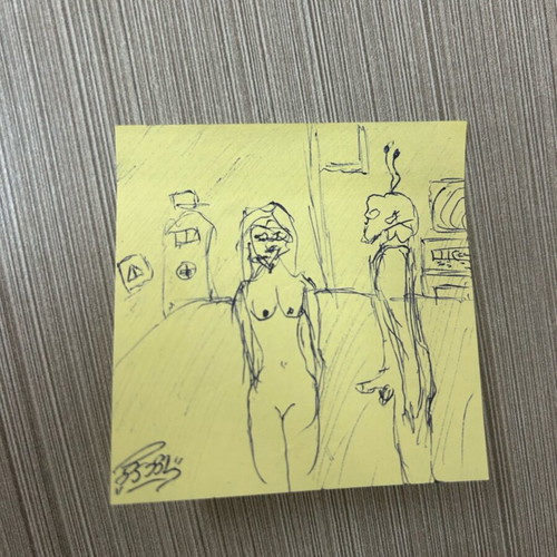 Unique expressionist sketch on post it by artist PSR1, new