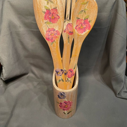 Wooden vintage hand-painted spoon and fork set like new