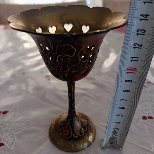 Vintage metal candlestick "Glass" with hearts and embossed motifs 14cm like new
