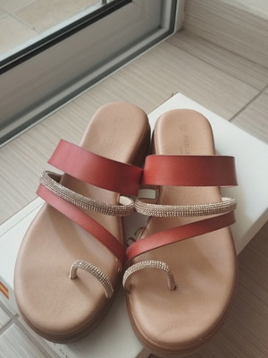 Macarena slippers with pink gold rhinestones, brown, size 37