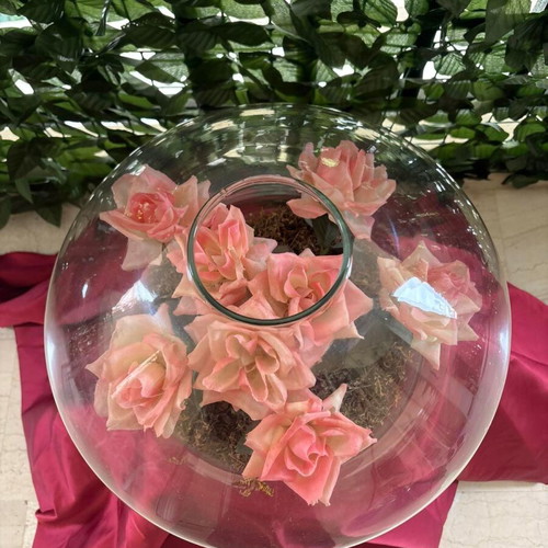 Decorative glass vase terrarium with pink flowers like new
