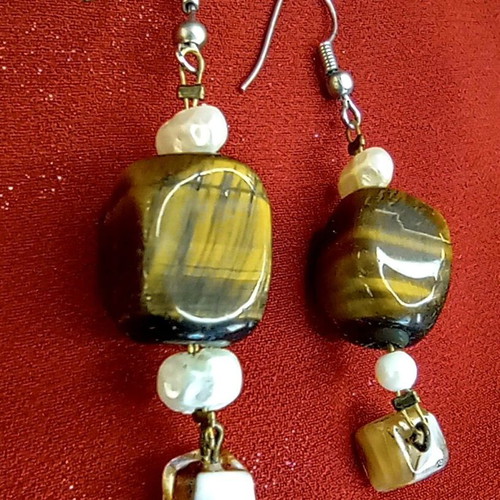Vintage Handmade Tiger's Eye And Pearl Earrings 6 cm, like new