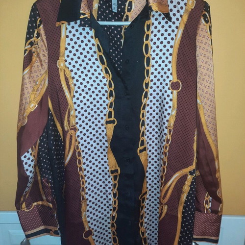 Satin long women's shirt Zara like new, brown and yellow with chain pattern