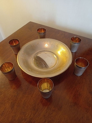 Set of 6 silver-plated liqueur glasses with fondue serving dish like new