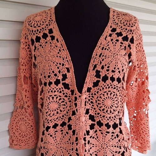 Crochet cardigan XL new, peach color with floral motifs