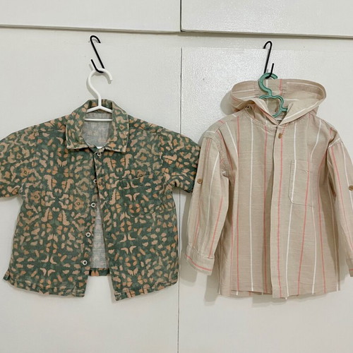 Zara summer shirts for boys up to 3 years, beige linen and green cotton