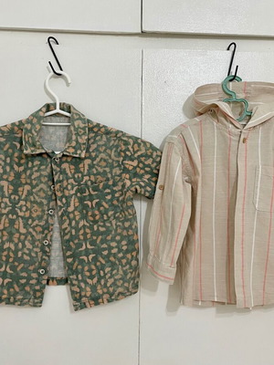 Zara summer shirts for boys up to 3 years, beige linen and green cotton