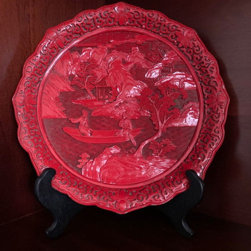Vintage Chinese handmade Red Cinnabar decorative plate used