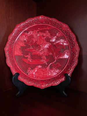Vintage Chinese handmade Red Cinnabar decorative plate used