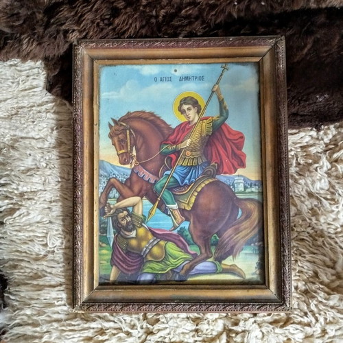 Saint Demetrios Lithograph used with wooden frame