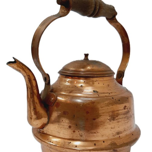 Vintage copper teapot used, 1980s, wooden handle