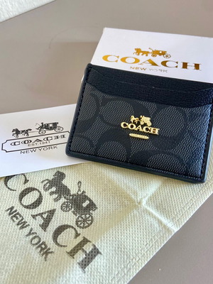 Coach card holder wallet, black and grey signature canvas