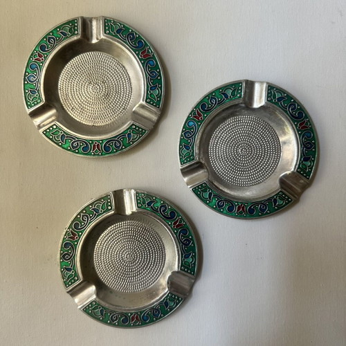 Set of 3 Soviet Vintage Melchior Ashtrays with Cloisonné Enamel