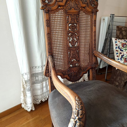 Vintage wooden armchair baroque style used, cane back, velvet seat