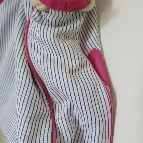 Lovie beach bag used, 100% cotton, white with blue stripes and pink letters