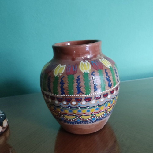 Vintage vases used, set of 2 handmade, carved and painted