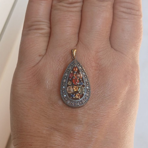 Pendant with semiprecious stones and diamonds, 925 silver and 9k gold ring