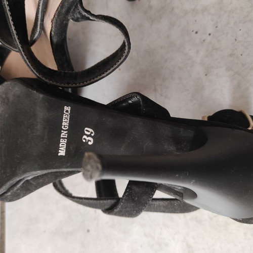 Sarigiannis sandals used, black suede, size 39, 10cm heel