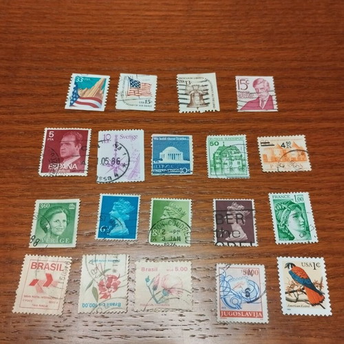 Foreign stamps used, 19 different from England, Spain, America, Brazil
