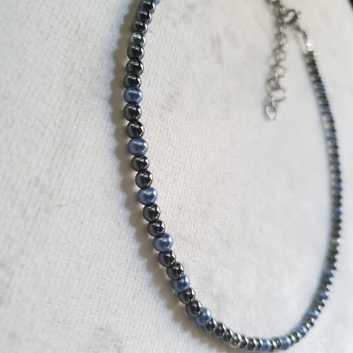 Blue Glass Pearl and Hematite Necklace stainless steel, like new