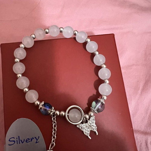 Pink Moonlight Glass Cat's Eye Beaded Bracelet with Butterfly Charm like new