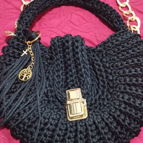 Handmade women's crossbody bag black with gold details shell shape