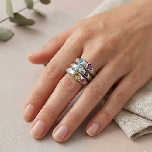 Vintage Atelier women's chunky adjustable rings set of 3, multicolor silver