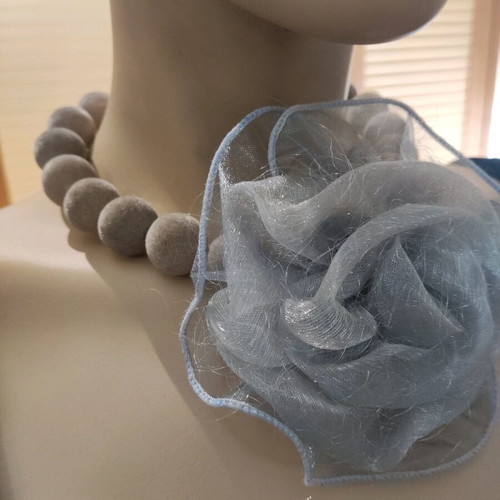 Handmade necklace new with large gray flower and velvet beads
