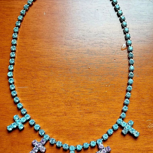 Tennis Necklace with Pink and White Rhinestone Crosses like new