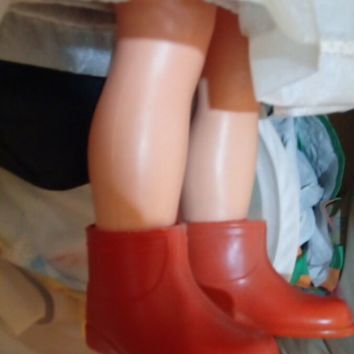 Large vintage doll used with satin dress and red shoes