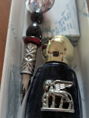 Glass pen with ink bottle, new, gift set from Venice