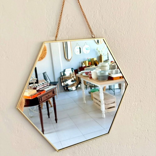 Hexagonal mirror with gold frame and chain new