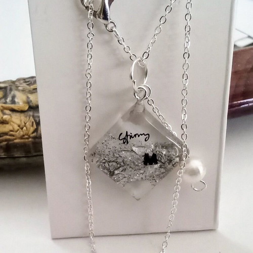 Handmade necklace "M" new, white and silver with rhombus and Shinny inscription