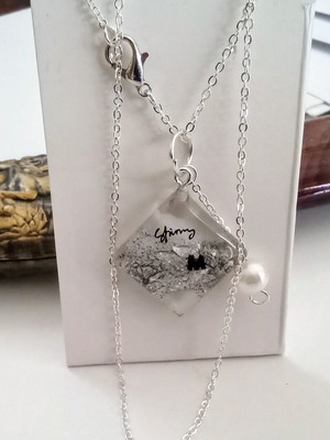 Handmade necklace "M" new, white and silver with rhombus and Shinny inscription