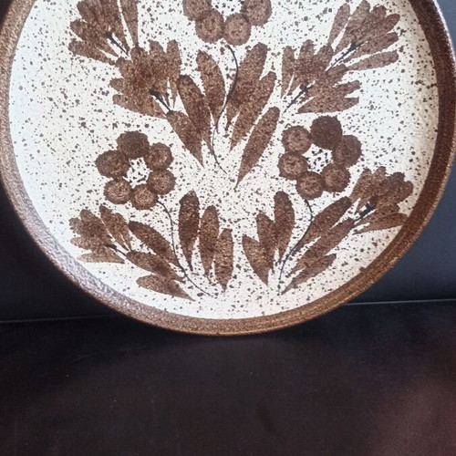 Large Vintage Textured Ceramic Wall Plate, Rustic Floral Design
