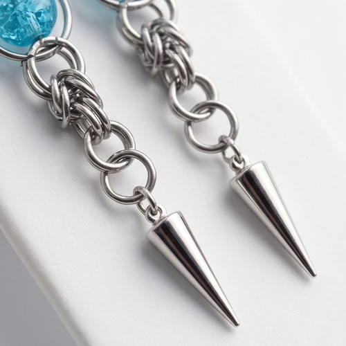 Steel chainmail earrings with blue stones new