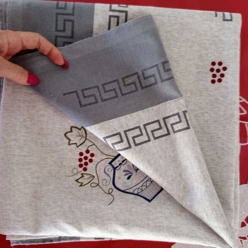 Square grey tablecloth with Greek motifs like new, 134.5 x 133.5 cm