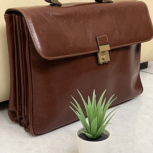 Vintage premium leather briefcase, brown, handmade in Greece