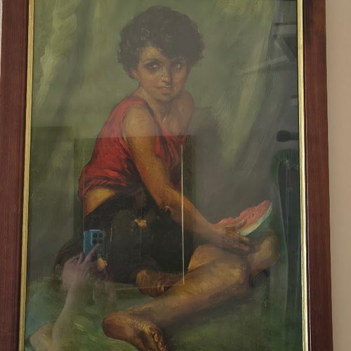 Portrait of a Young Man with Watermelon Oil Painting like new, wooden frame