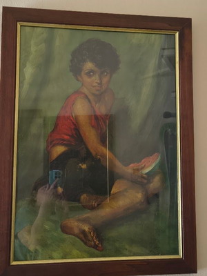 Portrait of a Young Man with Watermelon Oil Painting like new, wooden frame