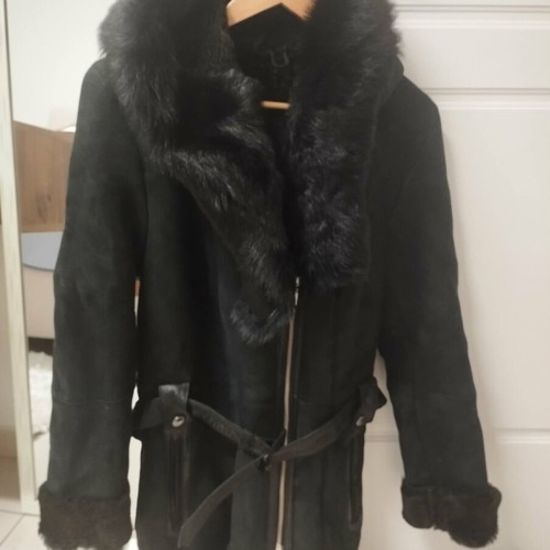 Long leather jacket Pegasus Leather &Fur with fur hood, new, size M, black