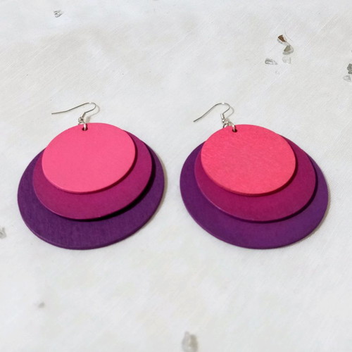 Wooden earrings large triple, new, magenta shades